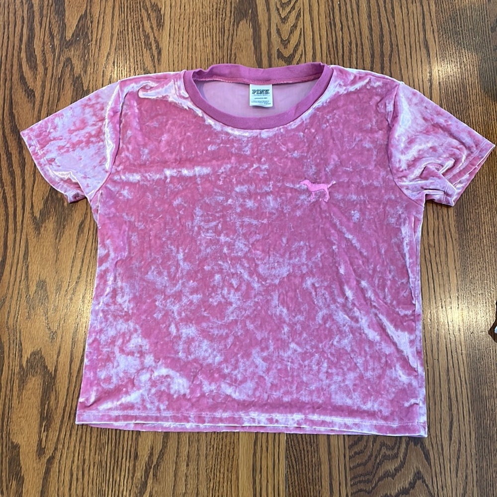 PINK crushed velvet short t shirt barley worn